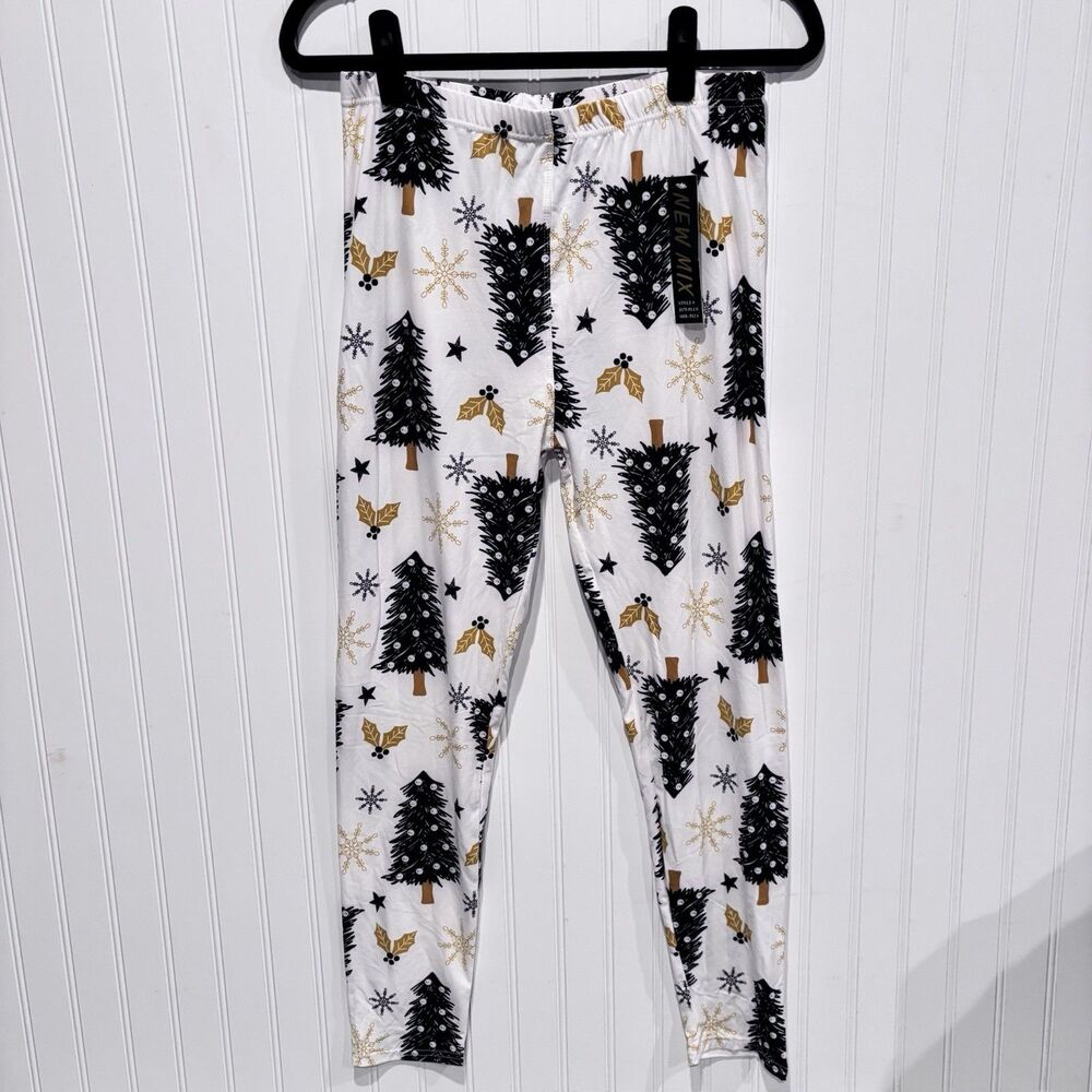 New Mix Women Plus Size Christmas Leggings Black Gold Trees Holly Snowflakes New